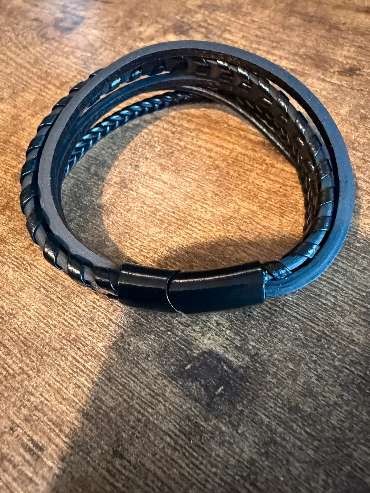 Bracelet homme noir – Cuir tressé – Fermoir magnétique – Sans marque – taille Taille unique 3