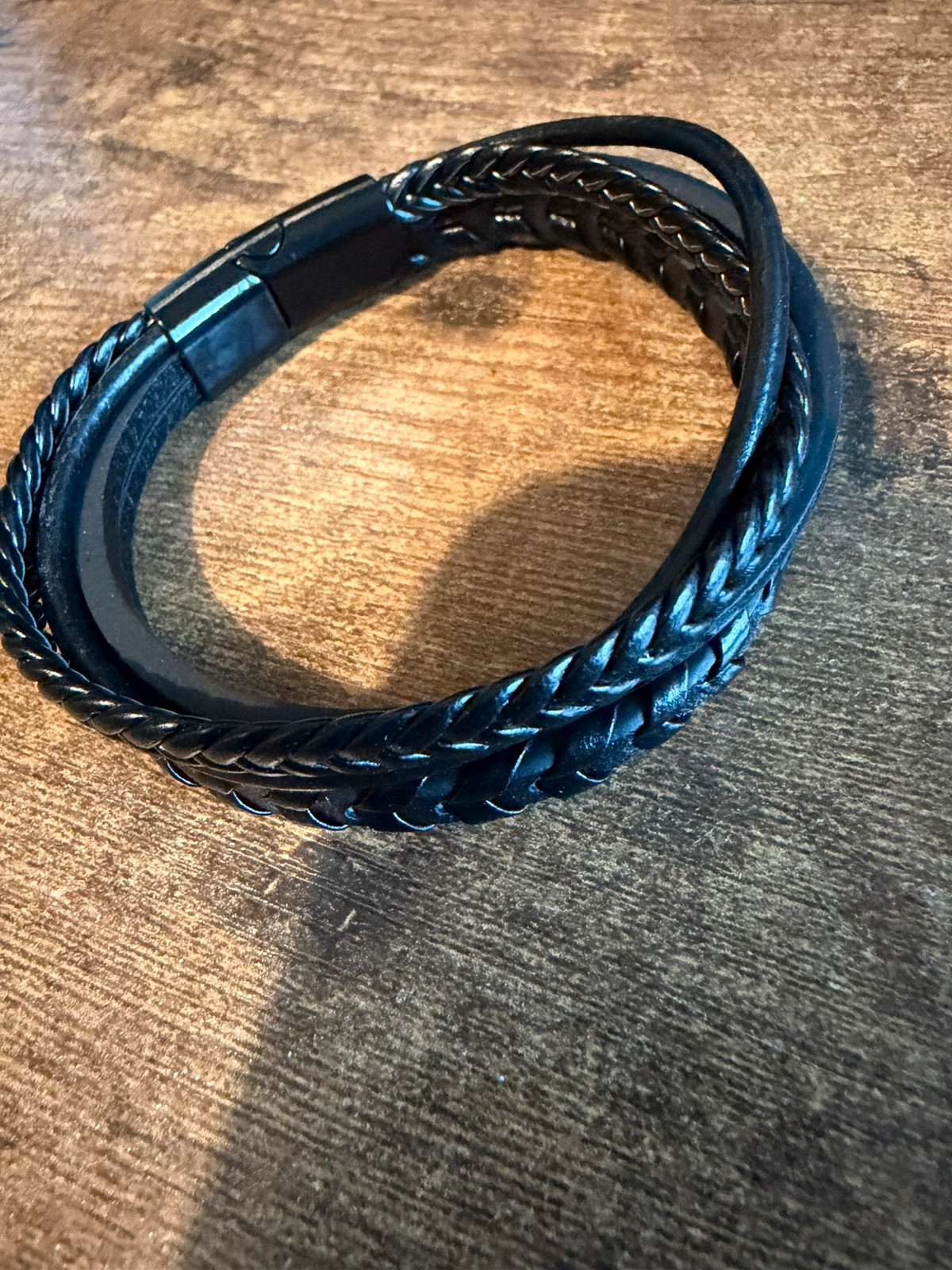 Bracelet homme noir – Cuir tressé – Fermoir magnétique – Sans marque – taille Taille unique 2
