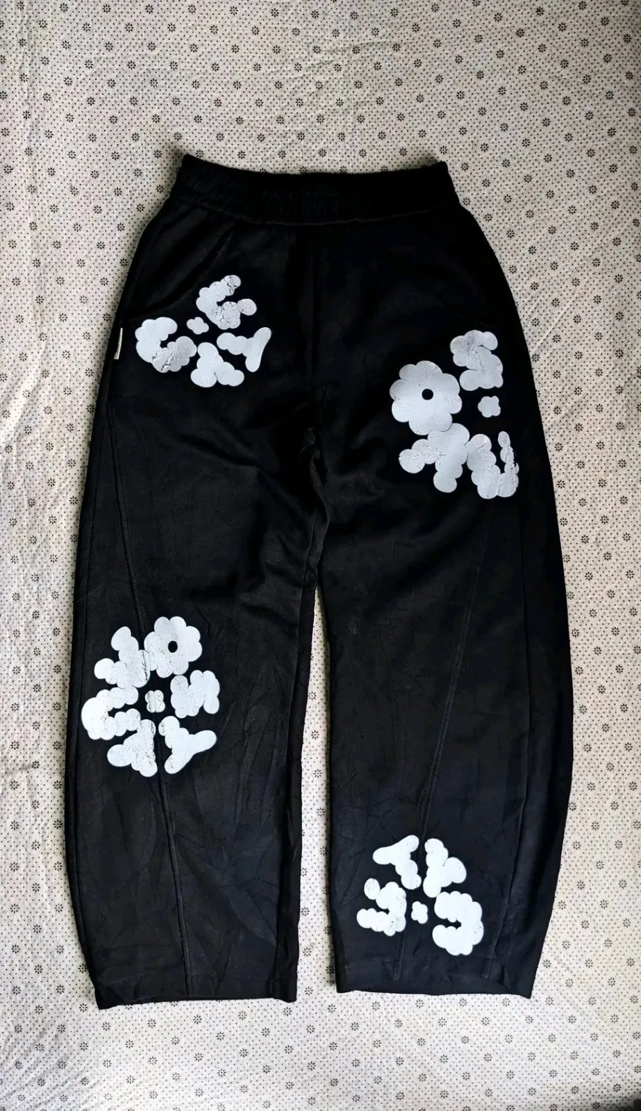 Black Cargo Pants with White Flower Patches 3