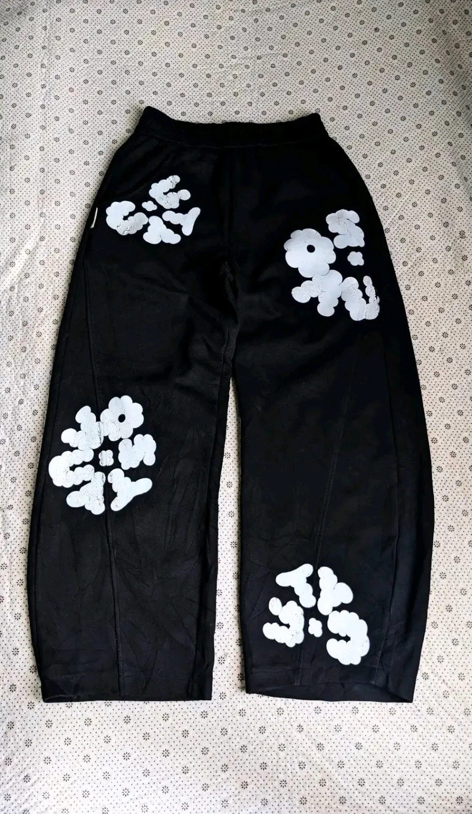 Black Cargo Pants with White Flower Patches