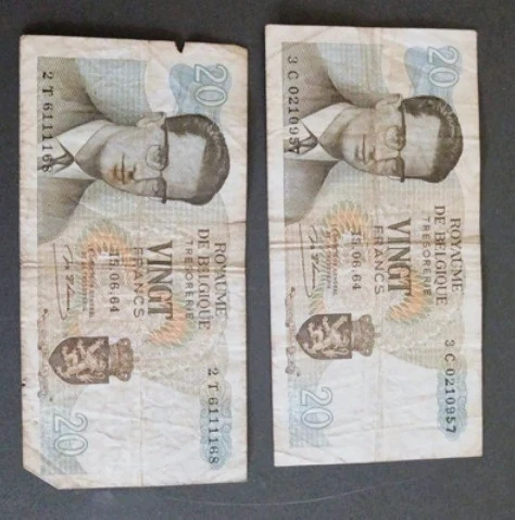 Lot de 2 billets de 20 francs belges 1964