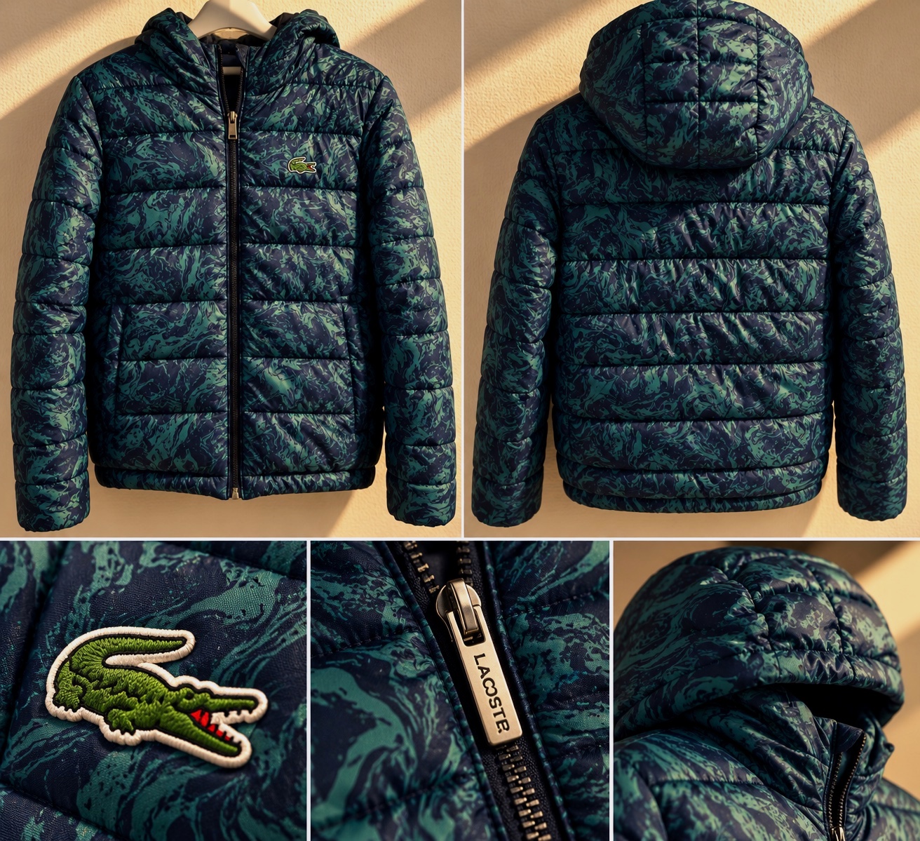 Doudoune réversible à capuche taille S Lacoste imprimée et bleue