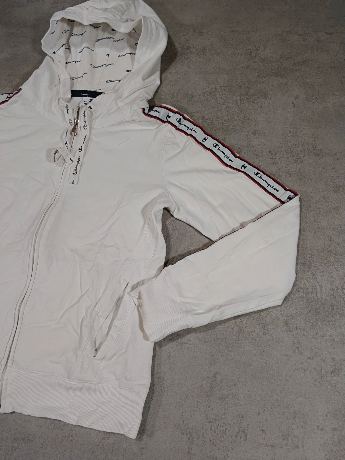 Champion - Sudadera Blanca con Capucha y Cremallera - Cinta con Logo en Mangas - Talla M – Champion – taille M 3