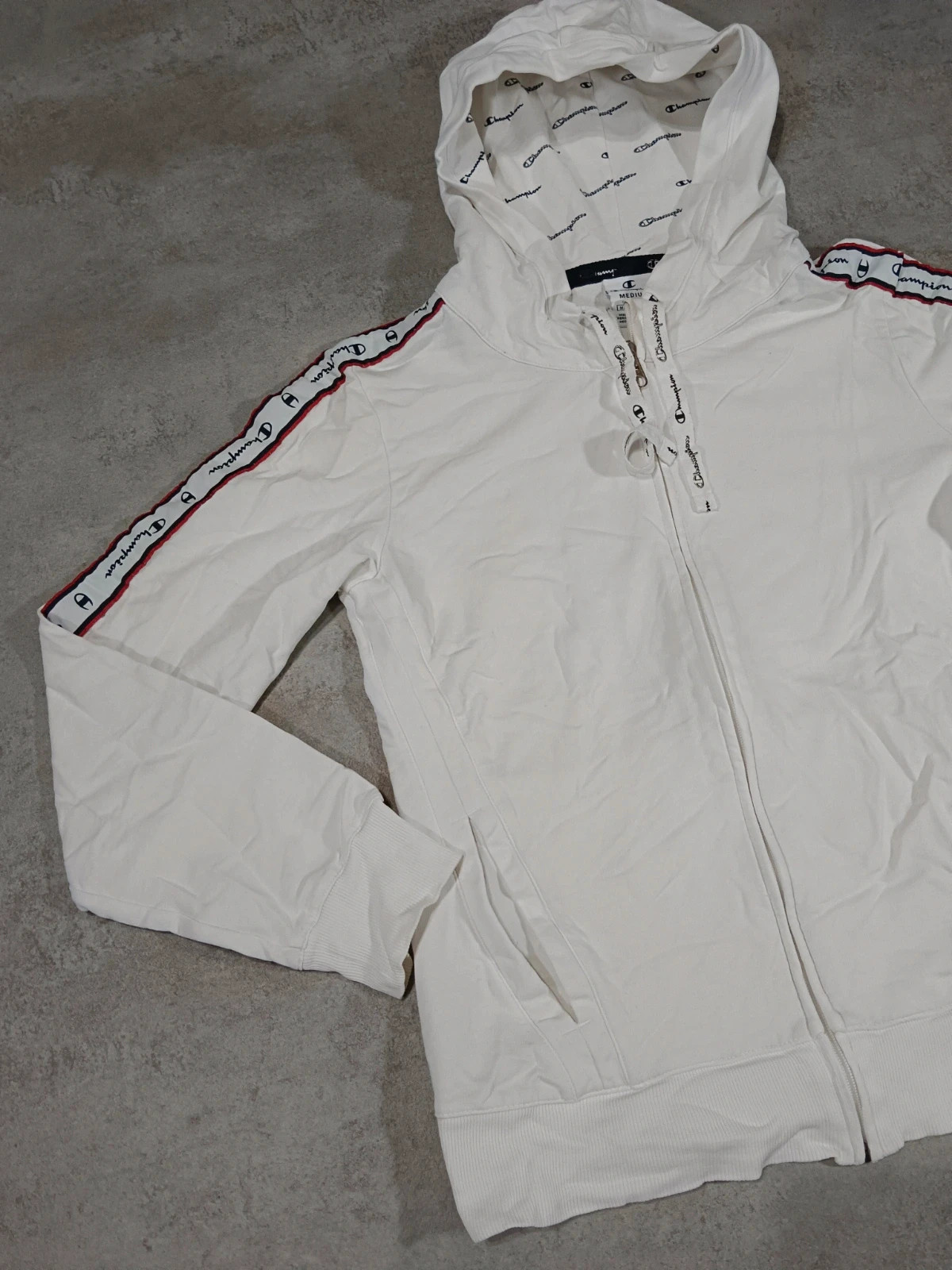 Champion - Sudadera Blanca con Capucha y Cremallera - Cinta con Logo en Mangas - Talla M – Champion – taille M 2