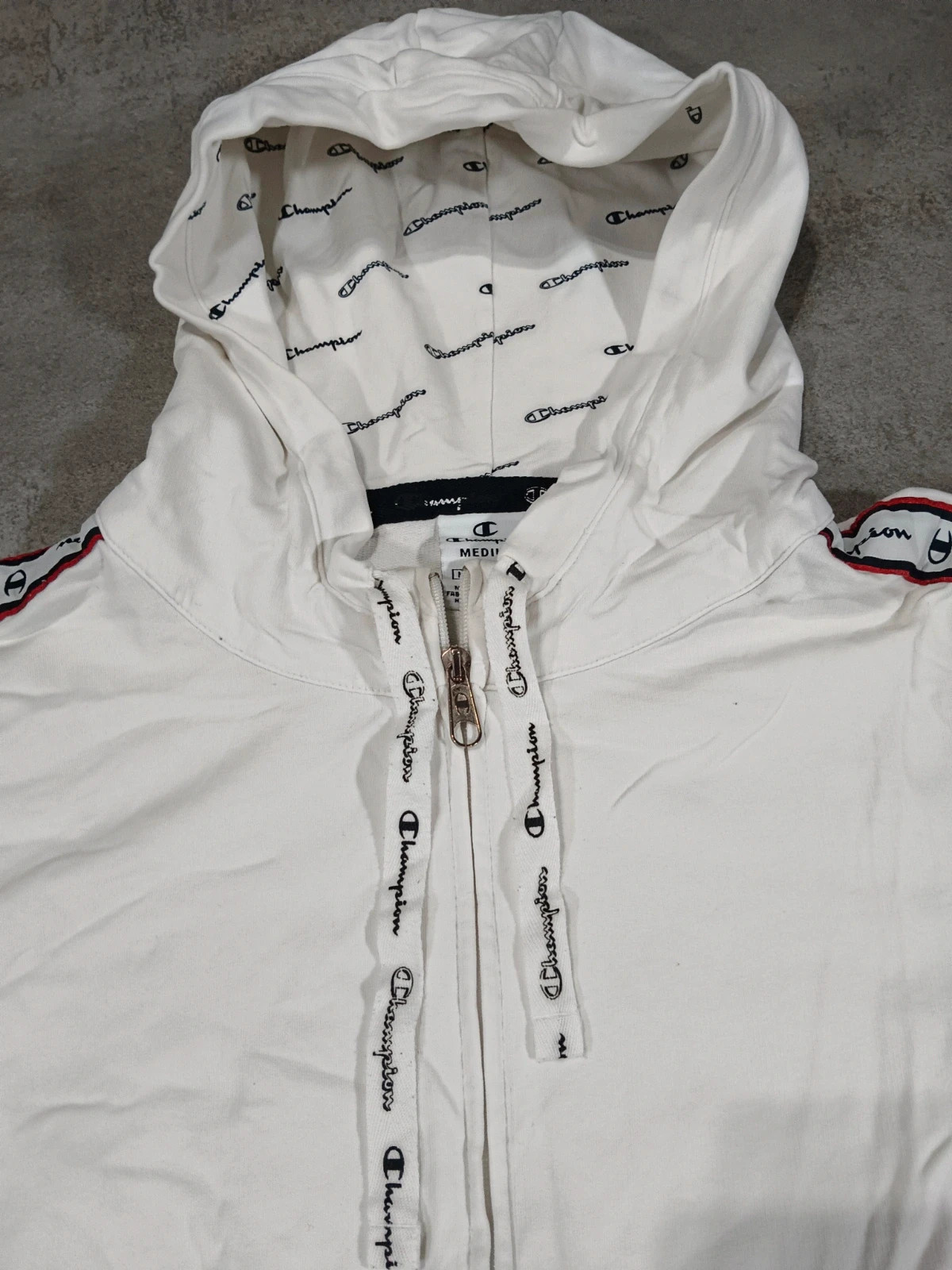 Champion - Sudadera Blanca con Capucha y Cremallera - Cinta con Logo en Mangas - Talla M – Champion – taille M 4
