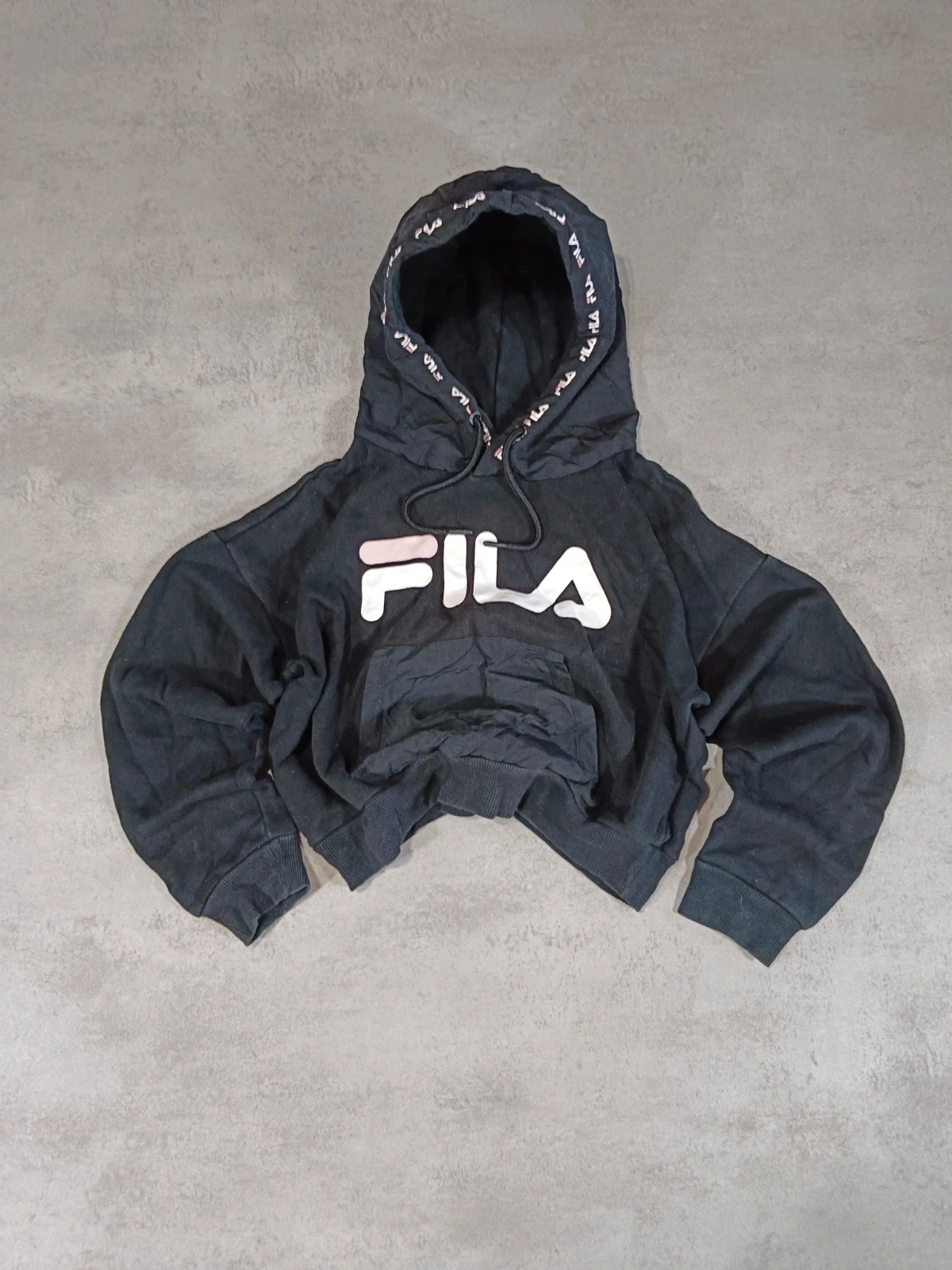 Fila - Hooded Cropped Sweatshirt Black - Big White Pink Logo - Size S/10