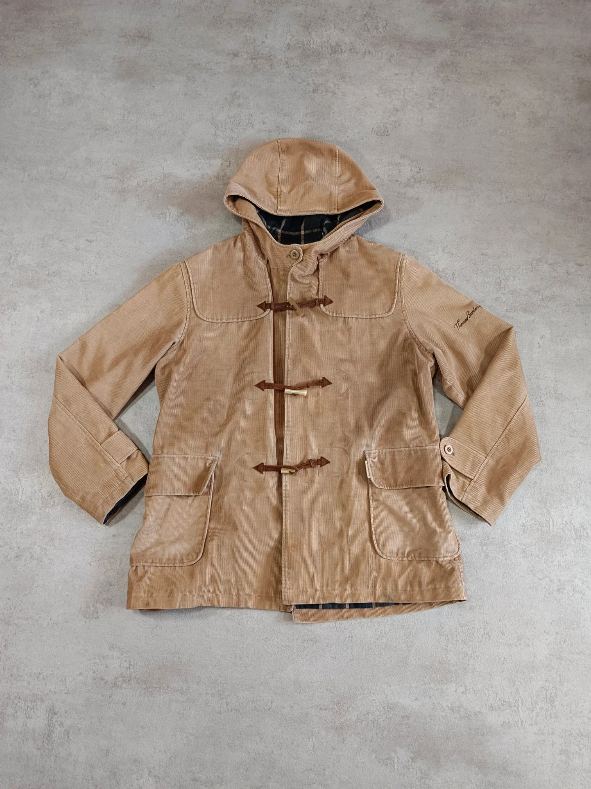 Thomas Burberry - Duffle Coat - Corduroy Jacket Beige - Tartan Check Lined - Vintage - Size L – Thomas Burberry – taille L