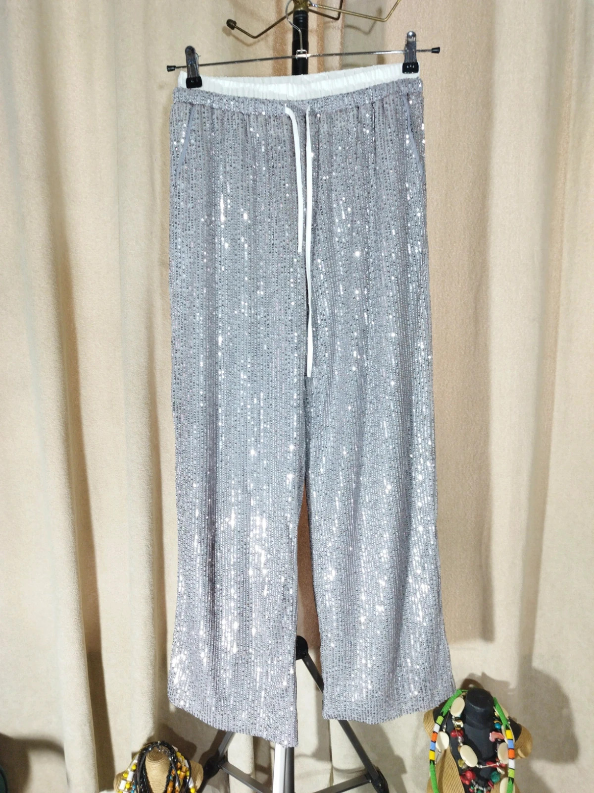 Pantalon à paillettes femme argenté