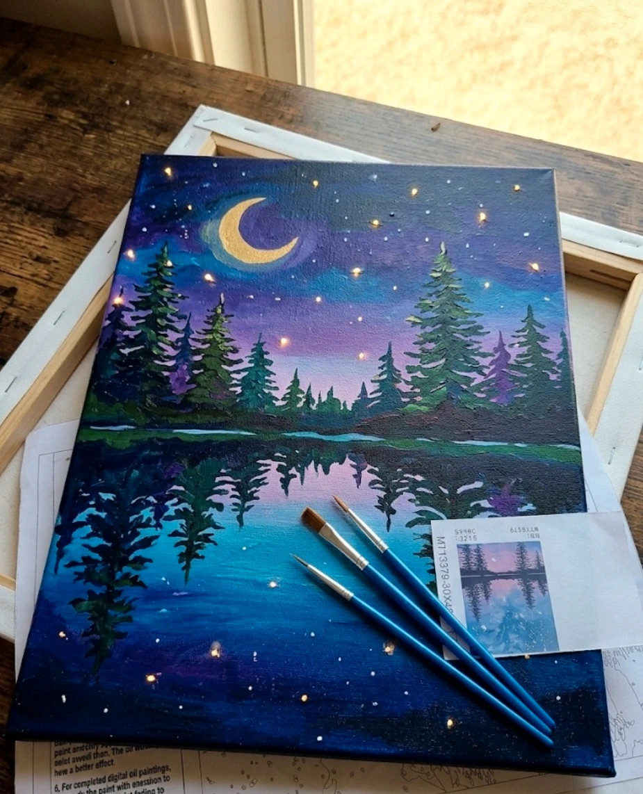 Kit de pintura por números nuevo 30x40 cm – Paisaje nocturno con lago – Shein 2