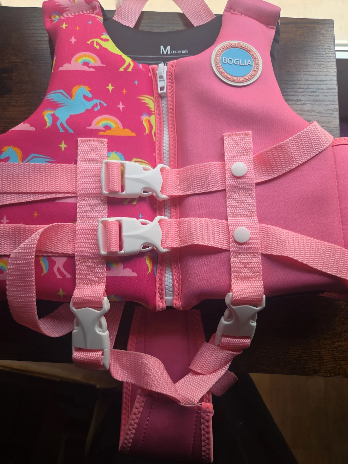 Chaleco de flotación infantil BOGLIA, talla M (para 19-30 kg), rosa con estampado de unicornios – boglia