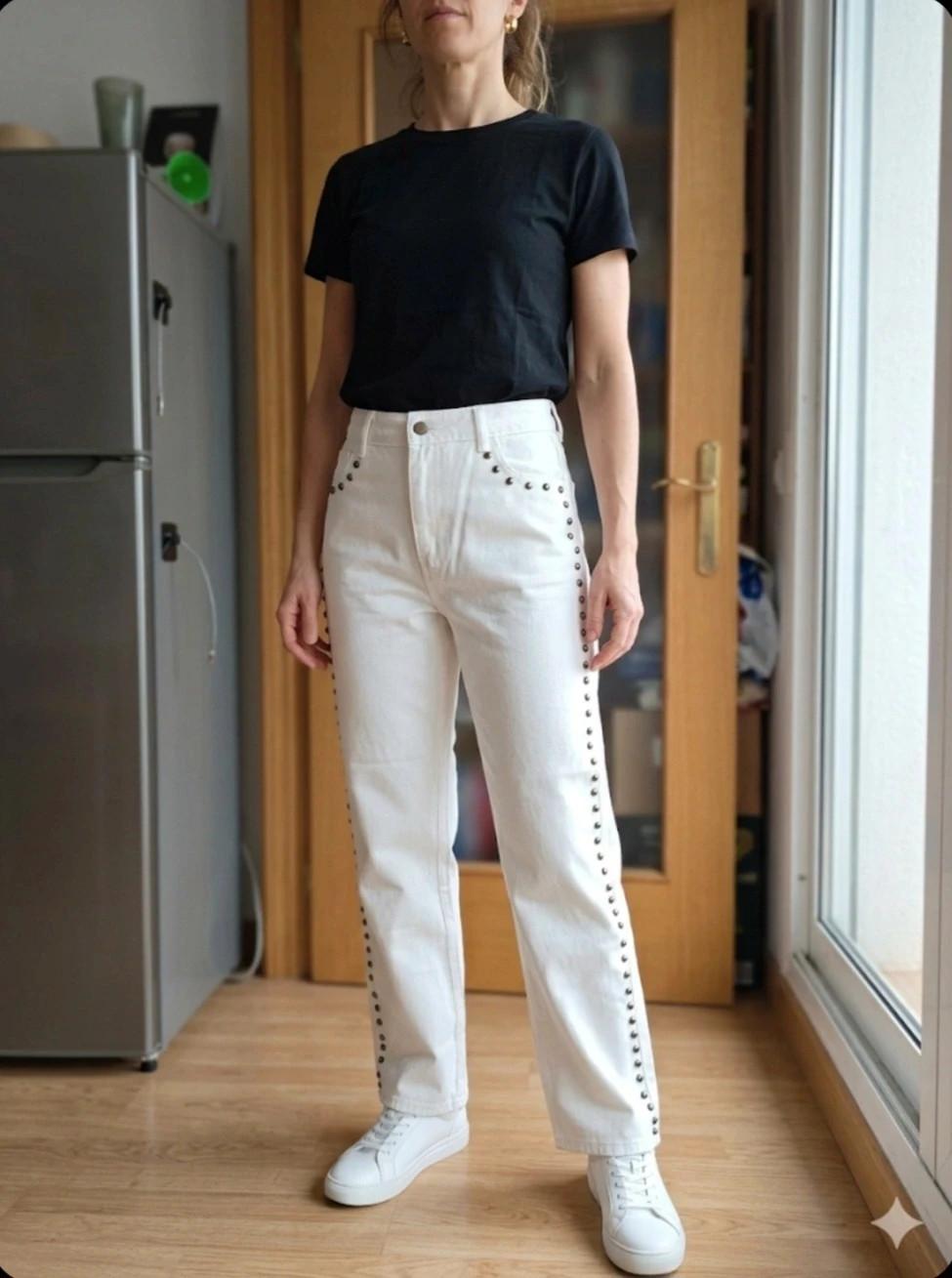 Pantalones Blancos Rectos con Tachuelas - Estilo Rockero/Boho (Talla 38 aprox.) – taille M / 38 / 10