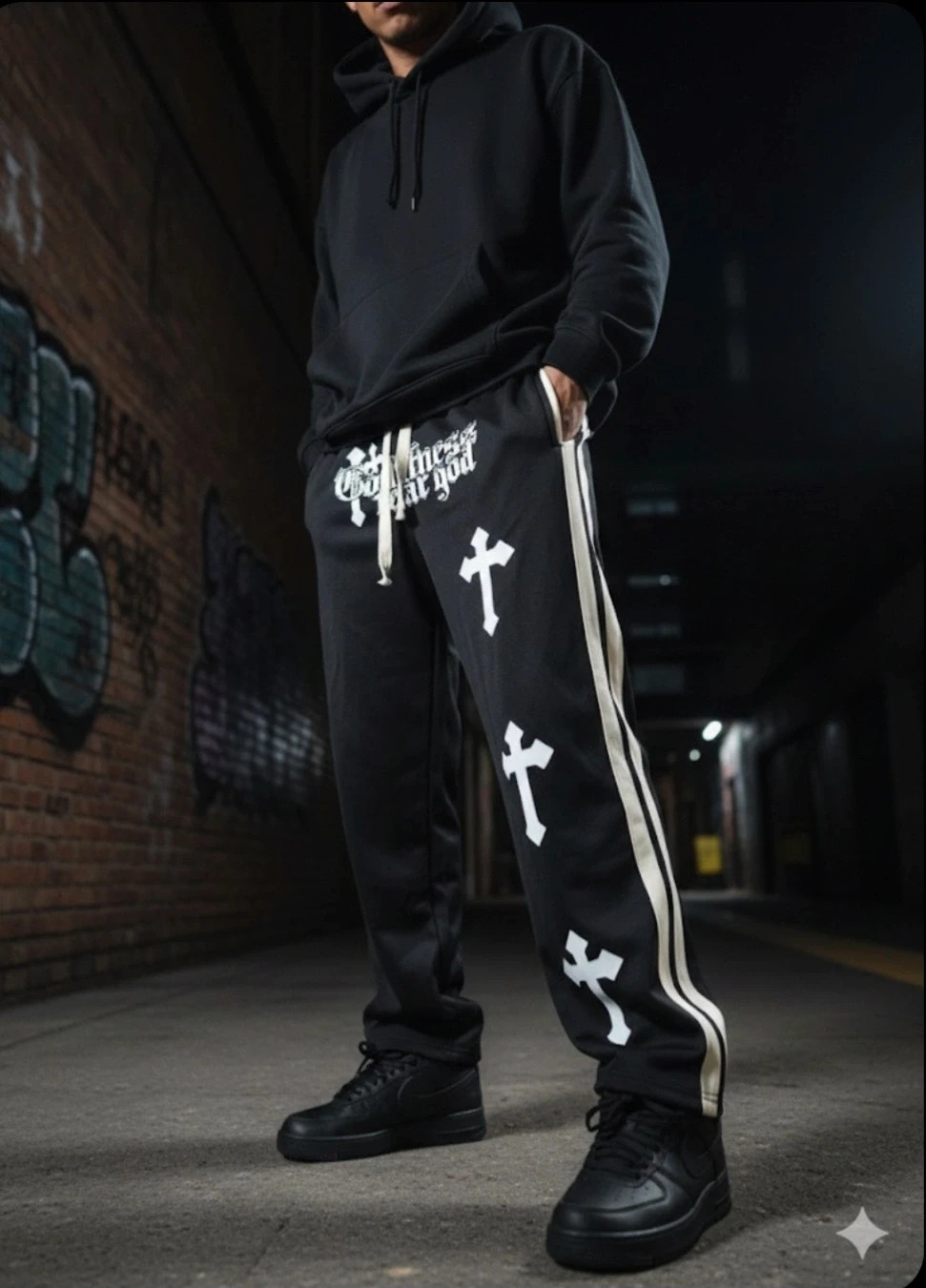 Pantalón Track Negro Streetwear Gótico (Cruces) - NUEVO - Talla XL/XXL (ver medidas)