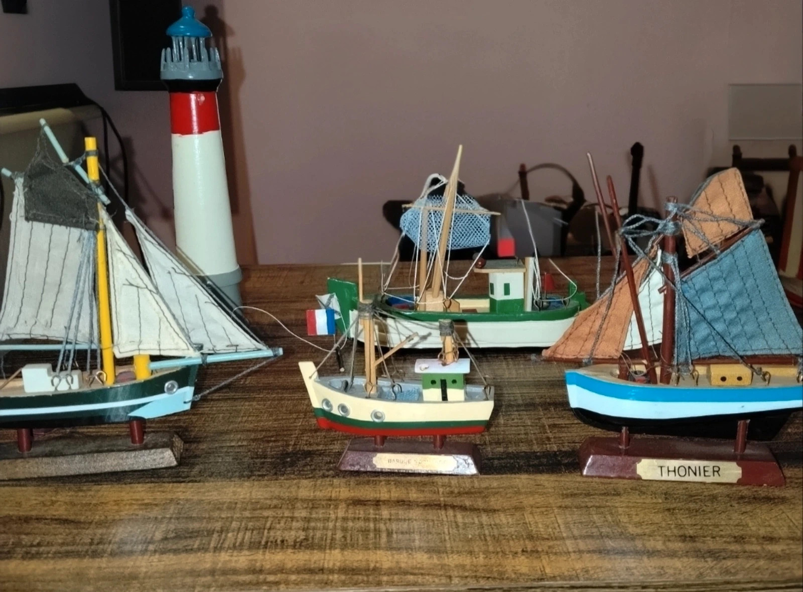 Lot 5 Maquettes Bateaux en bois + Phare - Décoration Marine / Collection 3