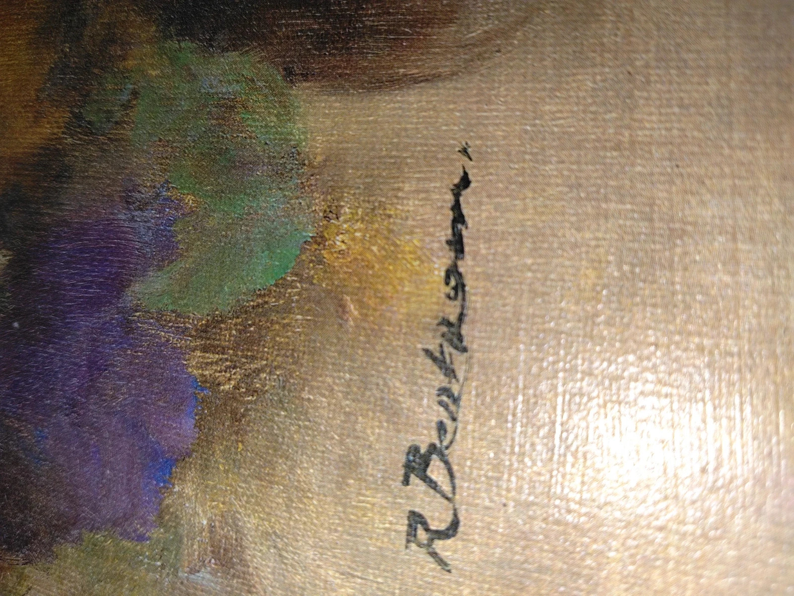 Tableau vintage Peinture Huile sur toile Bouquet de Pensées Fleur Cadre Doré – Vintage 3