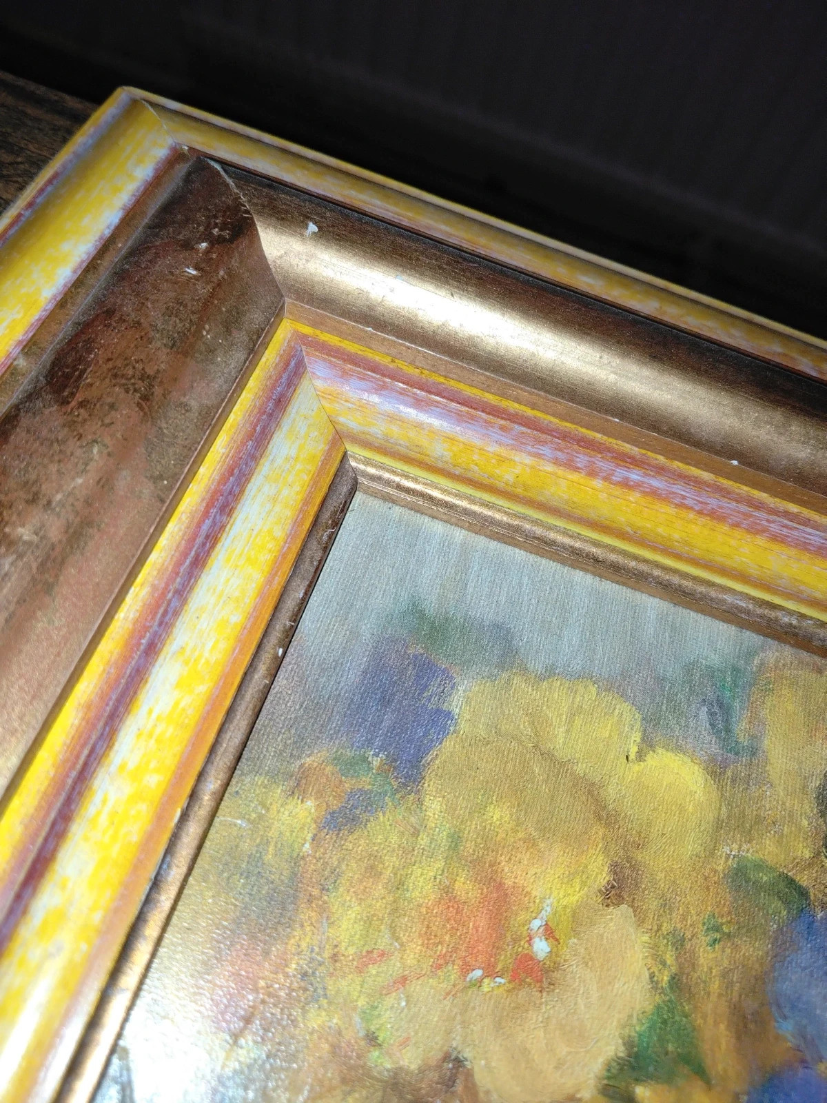 Tableau vintage Peinture Huile sur toile Bouquet de Pensées Fleur Cadre Doré – Vintage 5