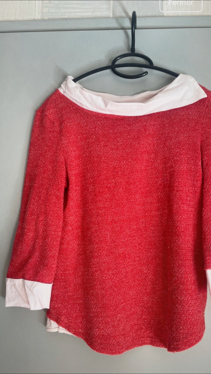 Pull Bréal rouge et blanc effet chemise, manches 3/4, détails boutons – Taille S – Bréal – taille S 3