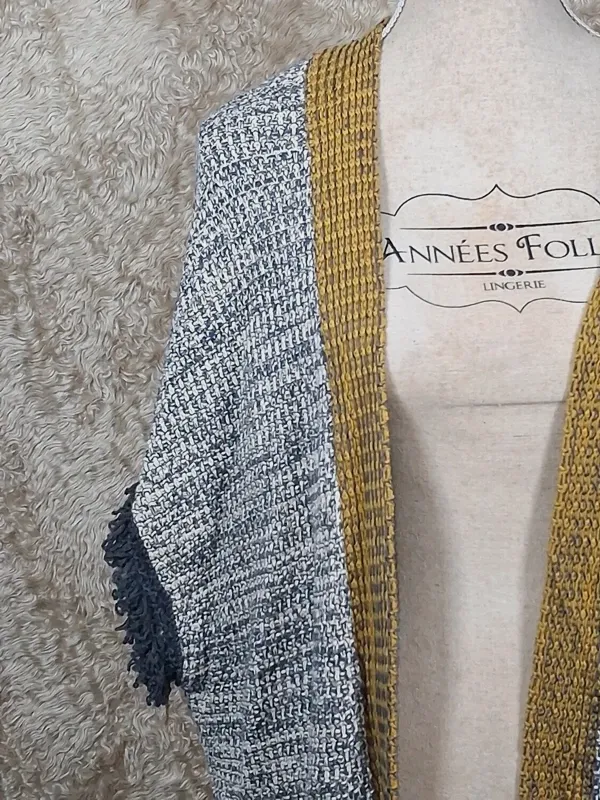 Gilet long Bonobo Jeans taille S chiné gris écru à franges moutarde – Bonobo – taille S 2