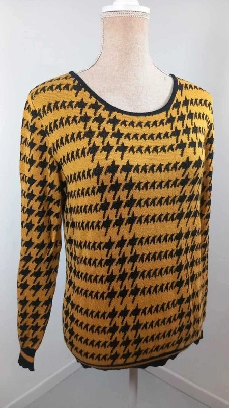 Zamba Pull Femme T38 Jaune Moutarde Noir Pied-de-Poule Maille Extensible Chic
