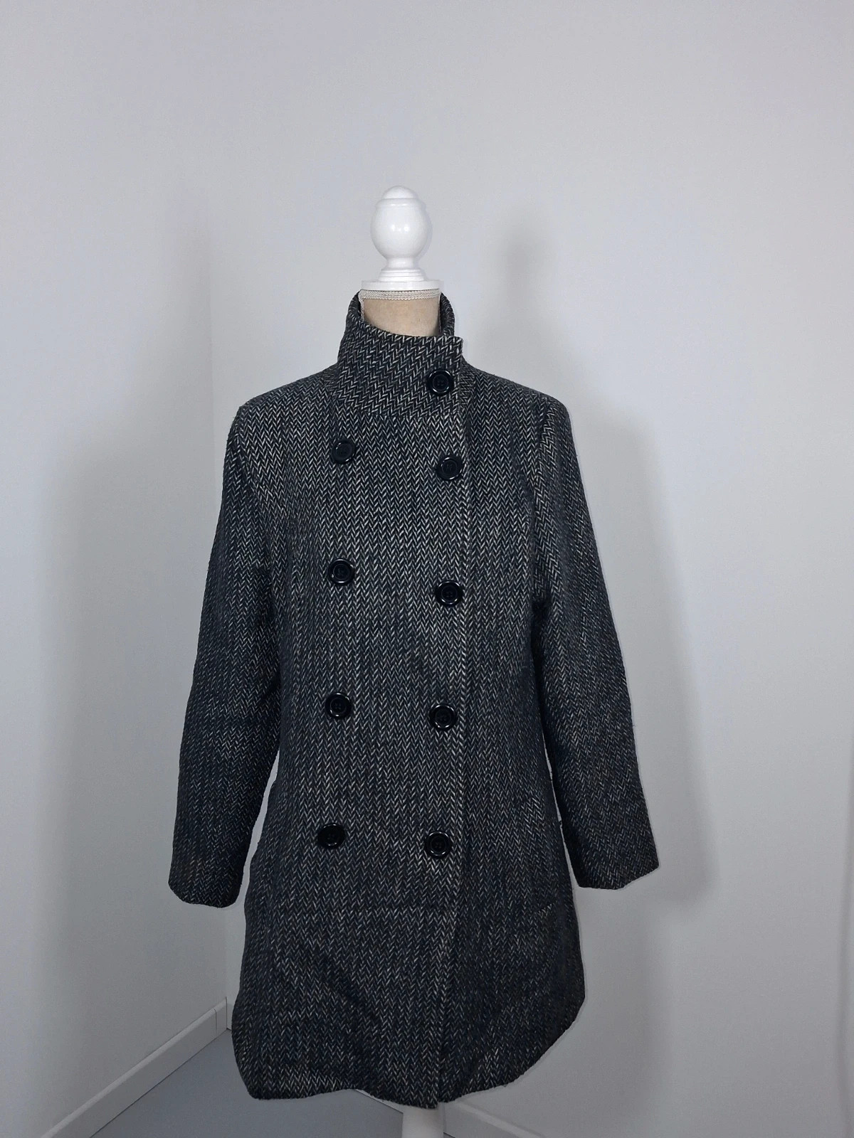 Manteau Mim Femme T42 L Gris Chiné Chevrons Double Boutonnage Col Montant Chic Hiver