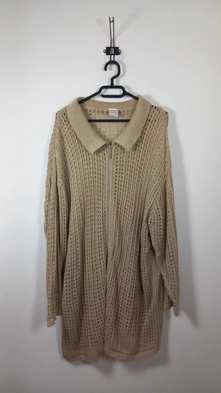 Size Up Gilet Long T54/56 Beige Nude Maille Ajourée Col Chemise Zip Grande Taille Chic