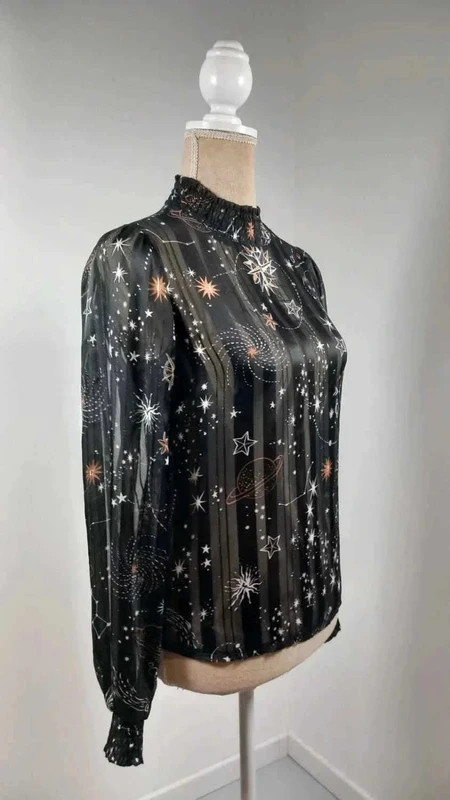 Kiabi Chemisier Femme T34 XS Noir Imprimé Astrologie Étoiles Planètes Doré Chic Neuf – Kiabi – taille XS / 34 / 6