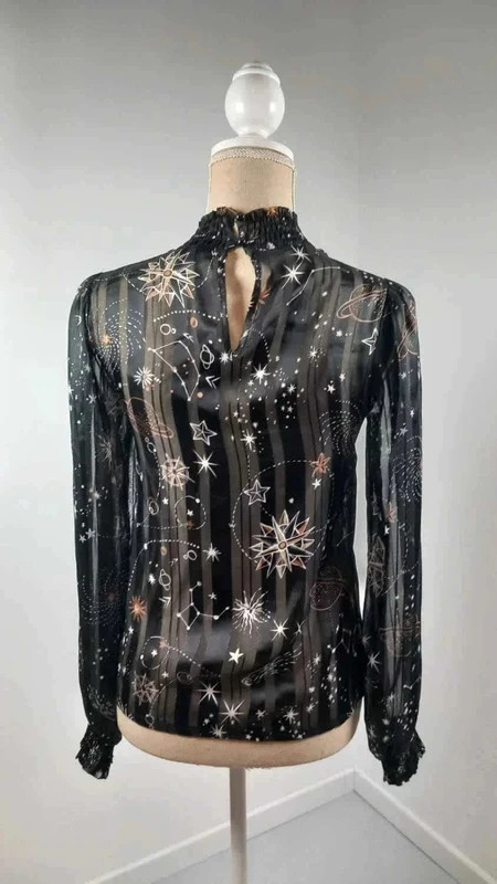 Kiabi Chemisier Femme T34 XS Noir Imprimé Astrologie Étoiles Planètes Doré Chic Neuf – Kiabi – taille XS / 34 / 6 3