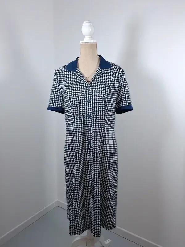 Robe Phildar T48 Chemise Midi Vintage Rétro Bleu Marine & Blanc