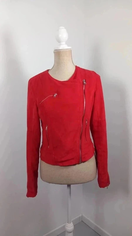 Laura Jo Perfecto Femme T S Rouge Suédine Veste Cintrée Rock Chic Zips Argentés