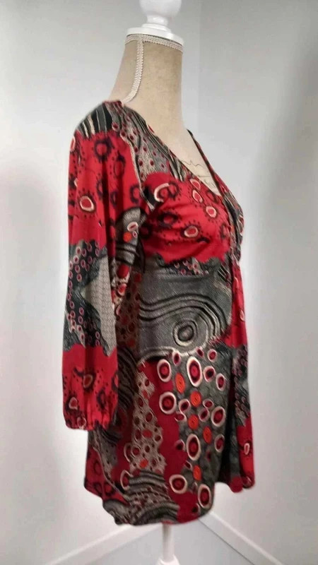 Tunique Femme T2 38/40 Rouge Gris Noir Imprimé Abstrait V Fluide Stretch – taille S / 36 / 8 4