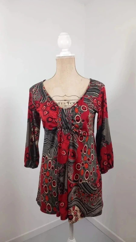 Tunique Femme T2 38/40 Rouge Gris Noir Imprimé Abstrait V Fluide Stretch – taille S / 36 / 8 2