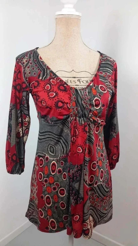 Tunique Femme T2 38/40 Rouge Gris Noir Imprimé Abstrait V Fluide Stretch – taille S / 36 / 8