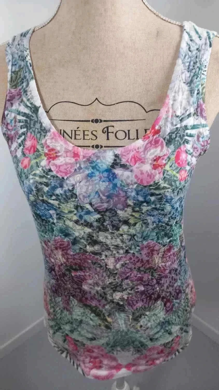 Débardeur Fleuri Romantique - Taille 38/40 (M/L) - Imprimé Floral & Dentelle - Très Bon État – taille M / 38 / 10 3
