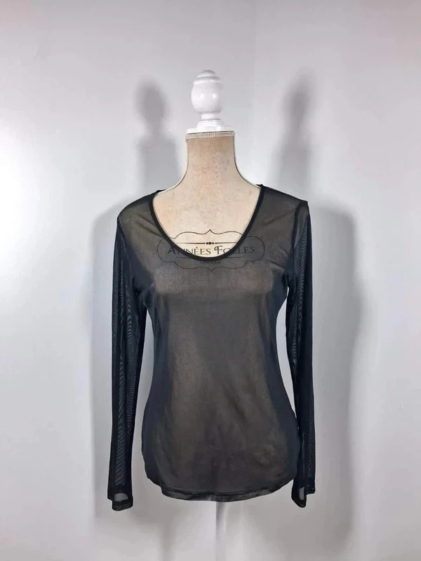 Smash! Top Femme L 40 Noir Résille Mesh Transparent Stretch Manches Longues Rock Chic