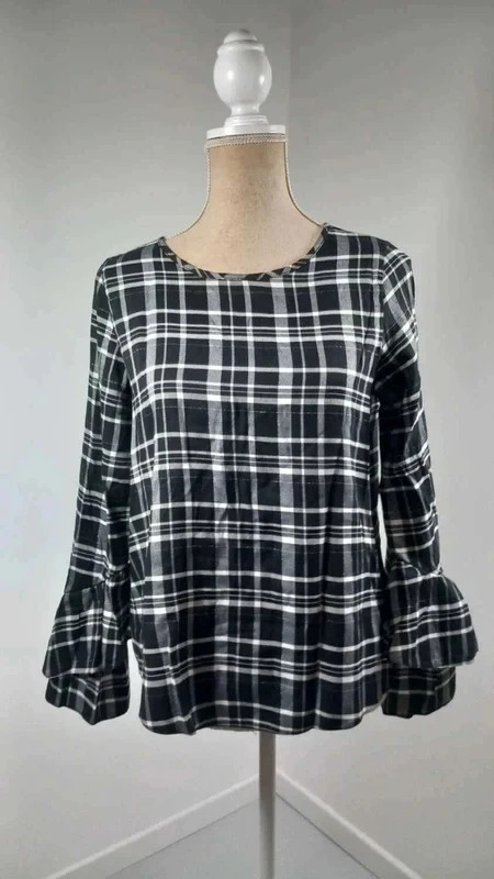 C&A Tunique Femme T38 M Noir Blanc Carreaux Manches Volantées Fluide Chic
