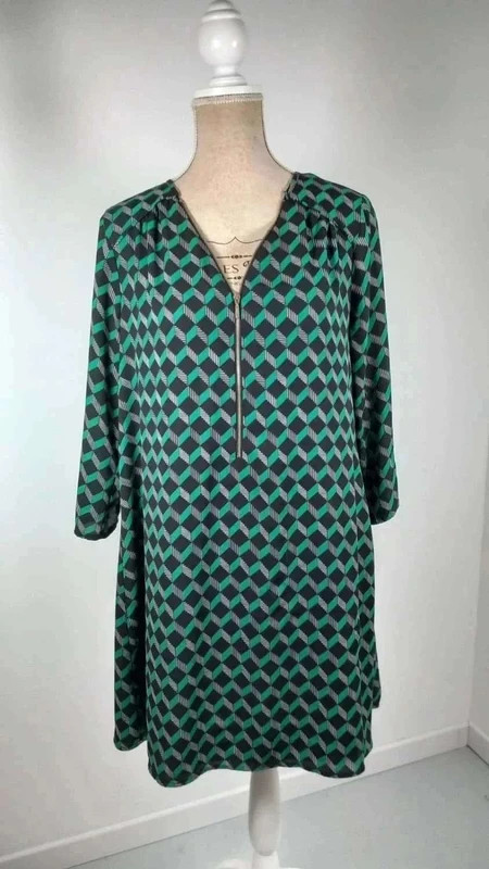 Cache Cache Robe Tunique T3 40/42 L Vert Émeraude Géométrique 3D Fluide