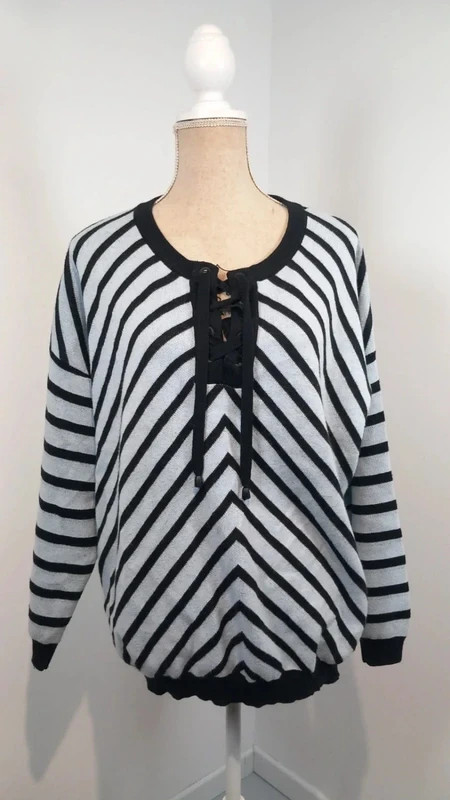 Scottage Pull Femme T5 Rayé Noir Clair Chevron Métallisé Laçage Col Lace-Up Chic Tendance