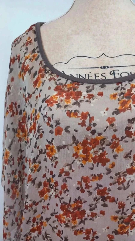 Tunique Femme Grande Taille Ample Chauve-Souris Fleurie Beige Rouille Marron Voile Automne – taille 6XL / 52 / 24 2