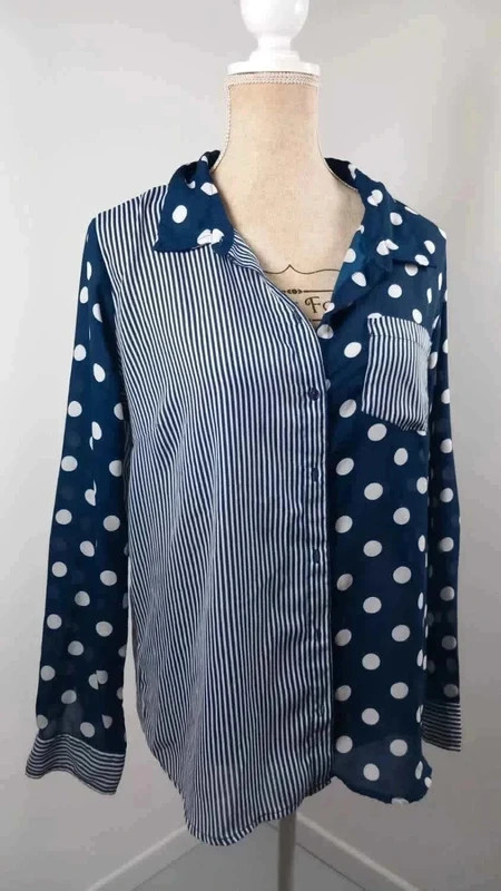 Chemise Tissaia T40 L Bleu Marine Blanc Pois Rayures Asymétrique Fluide