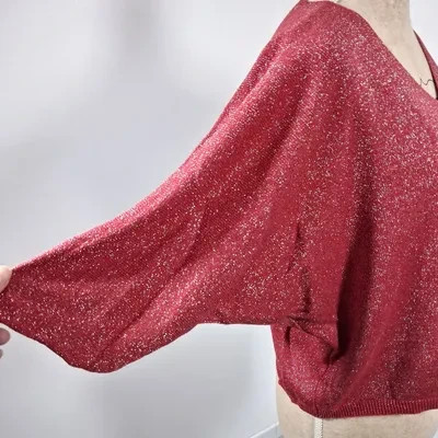 Haut Femme Taille Unique Rouge Brique Pailleté Maille Fine Chauve-Souris Made in Italy – taille Taille unique 2