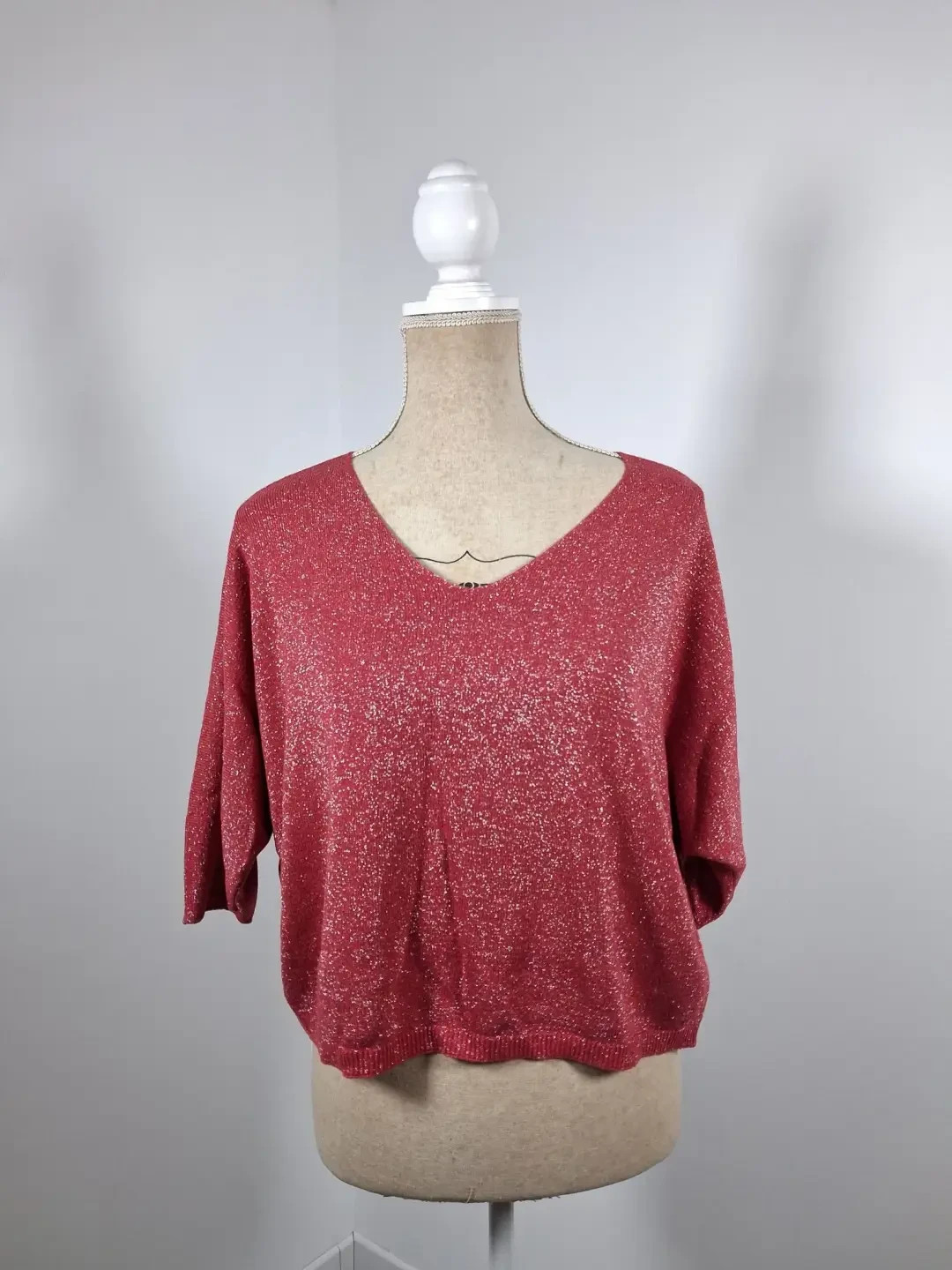 Haut Femme Taille Unique Rouge Brique Pailleté Maille Fine Chauve-Souris Made in Italy – taille Taille unique 4