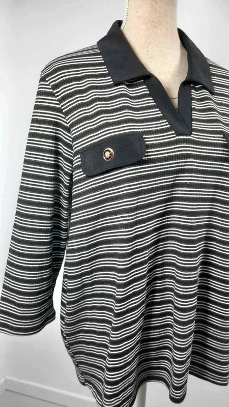 Haut Marinière Femme T48/50 Grande Taille Noir Blanc Rayé Col Polo Doré Chic – taille XXXL / 46 / 18 2