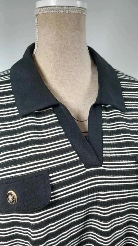 Haut Marinière Femme T48/50 Grande Taille Noir Blanc Rayé Col Polo Doré Chic – taille XXXL / 46 / 18 3