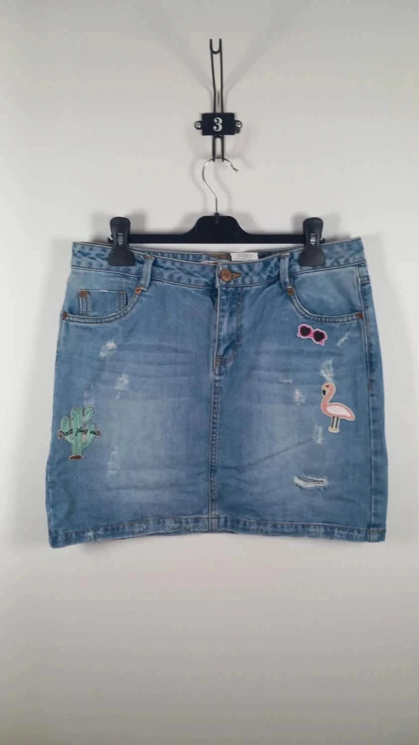 Jupe en Jean Camaieu Customisée - Patchs Flamant Rose & Cactus - Taille 40/42
