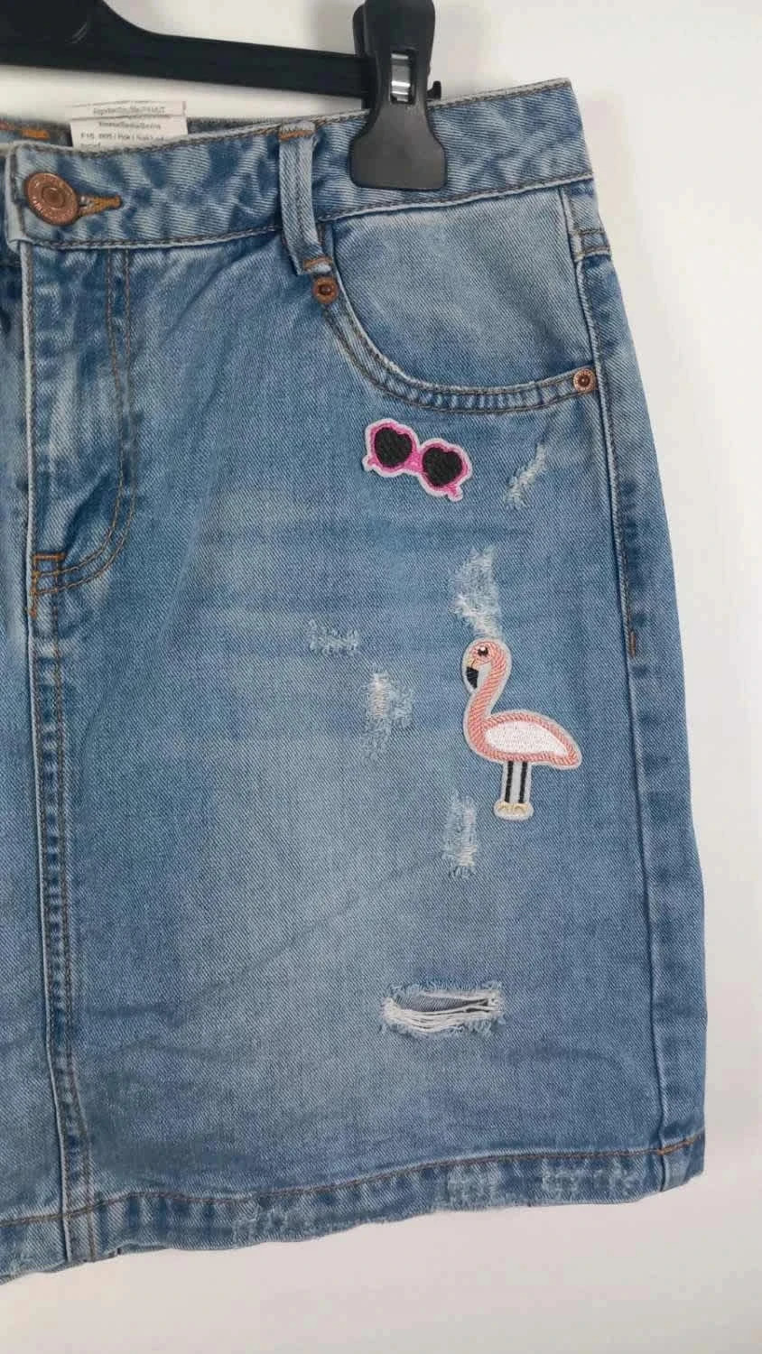 Jupe en Jean Camaieu Customisée - Patchs Flamant Rose & Cactus - Taille 40/42 – Camaïeu – taille L / 40 / 12 3