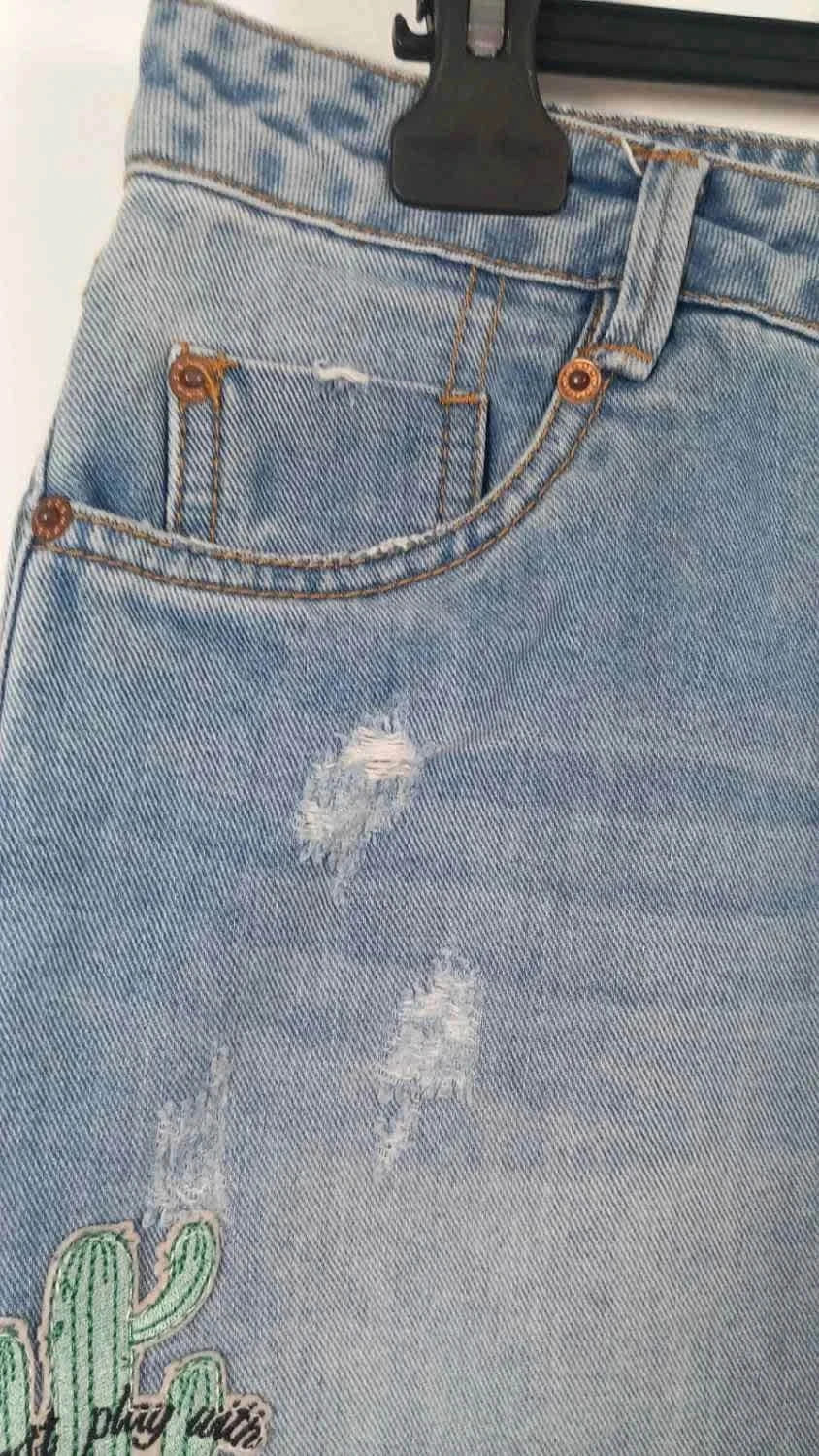 Jupe en Jean Camaieu Customisée - Patchs Flamant Rose & Cactus - Taille 40/42 – Camaïeu – taille L / 40 / 12 5