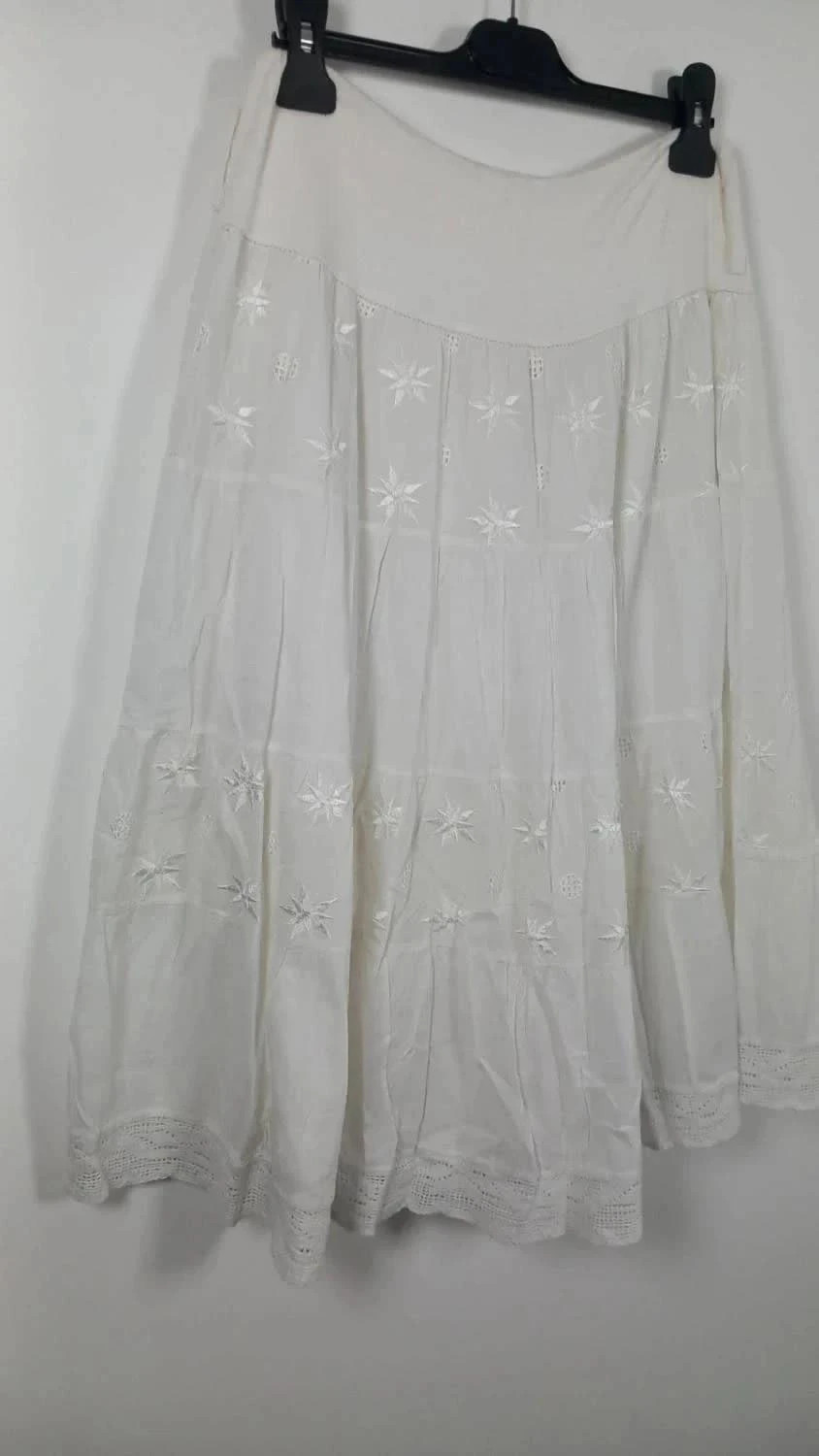 Jupe Midi Blanche Bohème – 100% Coton – Broderie Anglaise & Dentelle – Coton – taille M / 38 / 10 2