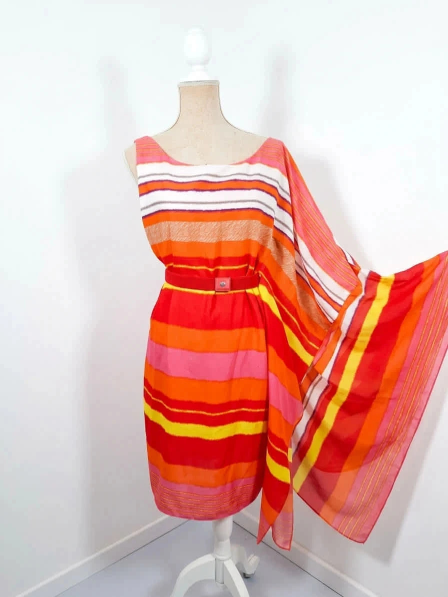 Robe Manoukian asymétrique orange rose jaune drapée M 38