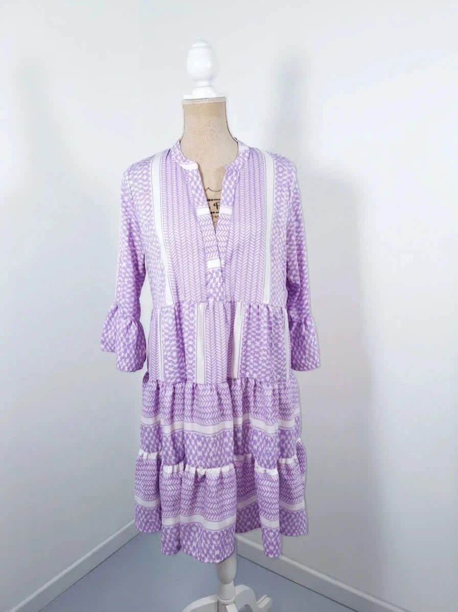 Robe bohème lilas et blanche Pigalle taille M à volants