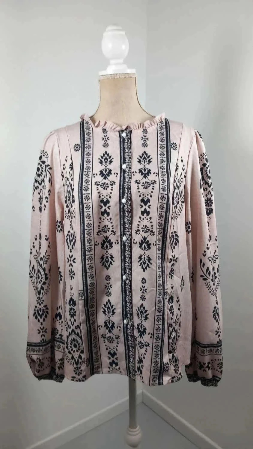 Tunique Bohème Chic Rose Poudré & Noir – XL – Neuve – taille XL / 42 / 14