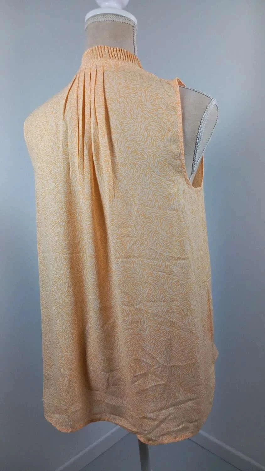 Blouse Sans Manches KIABI Neuf M – Top Fluide Jaune Orangé Motif Feuillage – Col V Plissé Chic – Kiabi – taille M / 38 / 10 5